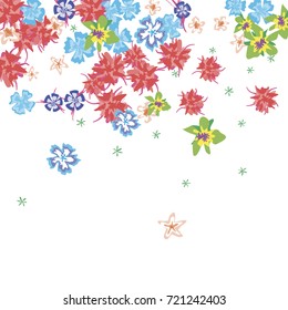 Floral Confetti Falling on White Background. Bright Simple Flowers in Retro Style. Rustic Background for Greeting Card, Postcard, Wedding Invitation.