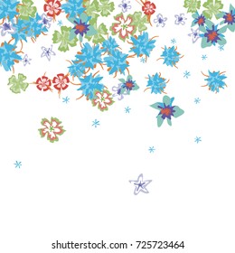 Floral Confetti Falling on White Background. Bright Simple Flowers in Retro Style. Rustic Background for Greeting Card, Postcard, Wedding Invitation.