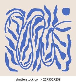 Floral contemporary poster. Abstract minimal organic wavy shapes, modern geometric graphic Matisse inspired. Vector art