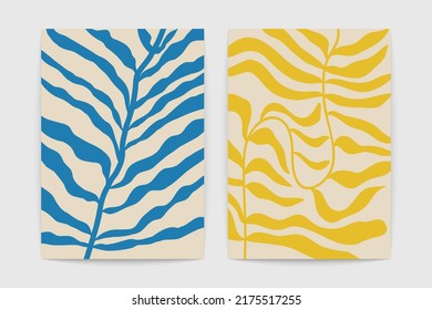 Floral contemporary poster set. Abstract minimal organic wavy shapes, modern graphics Matisse inspired. Vector art