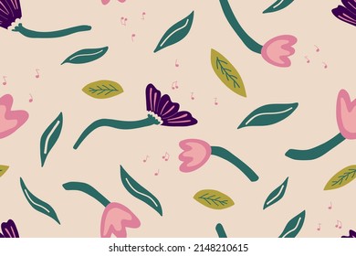 Floral contemporary seamless pattern. Modern field traditional plants print. Background for textiles, t-shirts, wrapping paper, wallpaper and more. Hand drawn vector illustration.
