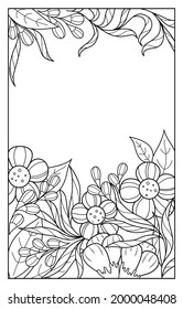 Floral contour background. Black and white pattern of flowers and leaves with place for text. Suitable for coloring pages for adults and children, postcards, holiday invitations.