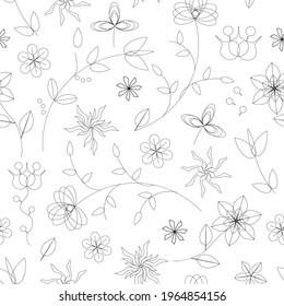 Floral contour black and white pattern. Simple seamless vector sketch of stylized flowers on a white background.