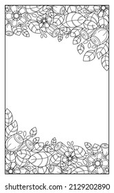 Floral contour pattern. Two semicircular borders with stylized flowers and leaves. Outline black and white design. Template for greeting cards, coloring pages, invitations or other advertising project