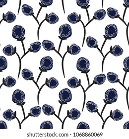 Floral contrast seamless pattern design. Blue on light flower background.