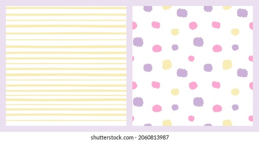 Floral and coordinating polka dot colorful non directional seamless pattern set for summer clothing or home decor fabric print. Abstract hand drawn flowers in pink, orange and yellow bright colours. 