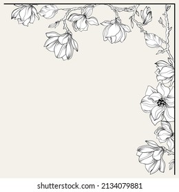 Floral corner border with magnolia flowers. Floral illustration for greeting card.