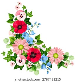 Floral corner border with red, pink, and blue flowers and green leaves. Poppy, gerbera, bluebell, and pansy flowers. Vector corner design element. Hand-drawn illustration, not AI