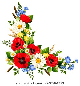 Floral corner border with red, yellow, white, and blue poppies, daisies, cornflowers, and dandelion flowers, green leaves, and ears of wheat isolated on a white background. Vector design element. Hand-drawn illustration, not AI