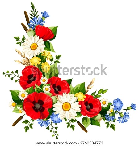 Floral corner border with red, yellow, white, and blue poppies, daisies, cornflowers, and dandelion flowers, green leaves, and ears of wheat isolated on a white background. Vector design element. Hand-drawn illustration, not AI