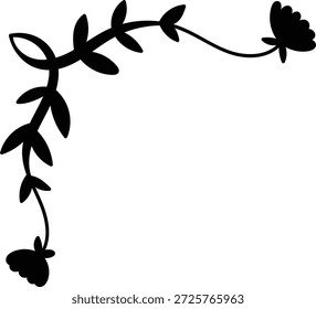 Blumeneckrand mit Weinstock, Blatt und Blütensilhouette, die einen L-förmigen Rahmen bildet. Symbol der Natur, Harmonie und Volksverzierung für Gruß, Einladung und Scrapbook. Cartoon, Vektorgrafik.