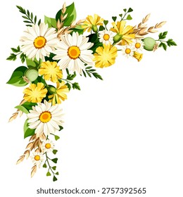 Floral corner border with yellow and white daisies and dandelion flowers and ears of wheat isolated on a white background. Vector design element. Hand-drawn illustration, not AI