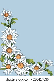 Floral corner from chamomile plant on blue background. Stroke is on a separate layer and can be removed, then the flowers look like painting.