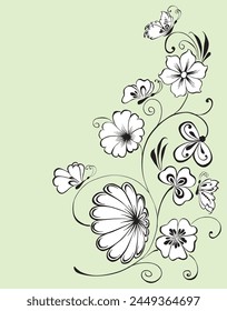 Floral corner decoration twig butterflies outline vector white chamomile stem delicate fantasy greeting card flower tendrils background daisies illustration
