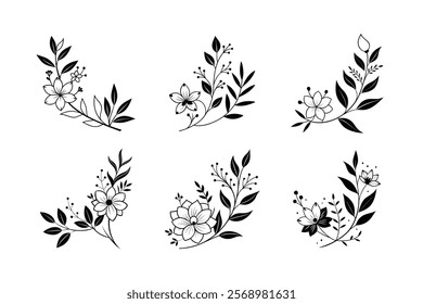 Floral Corner Design Black Vector Line Art, Elegant Decorative Illustration.