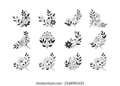 Floral Corner Design Black Vector Line Art, Elegant Decorative Illustration.