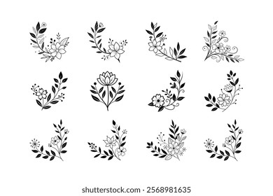 Floral Corner Design Black Vector Line Art, Elegant Decorative Illustration.