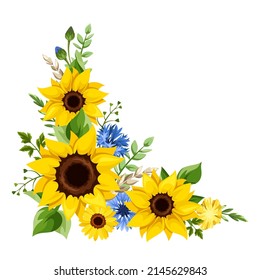 Floral corner design element with blue and yellow sunflowers, cornflowers, dandelion flowers, gerbera flowers, ears of wheat, and green leaves. Vector illustration