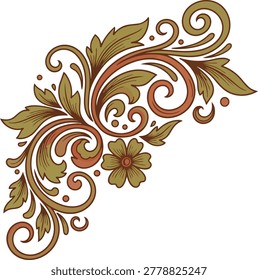 Floral corner design, with intricate scrolls, leaves, and a single flower in shades of brown and green