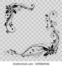 Floral Corner Design. Ornament Black Flowers On Transparent Background - Vector Stock. Decorative Border With Flowery Elements, Pattern. Wedding Card With Flourish Swirl And Circles.