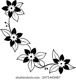 Floral corner design. Ornament black flowers on white background