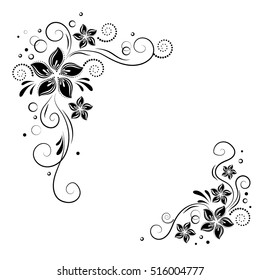 Floral Corner Design. Ornament Black Flowers On White Background - Vector Stock. Decorative Border With Flowery Elements,  Pattern.