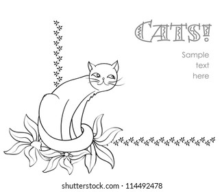 Floral corner element with sitting cat on white, stylized hand drawn vector background