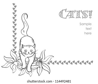 Floral corner element with walking cat on white, stylized hand drawn vector background