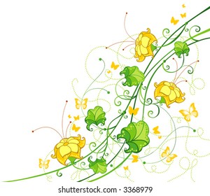 Floral corner with flowers, leafs and butterflies, vector illustration