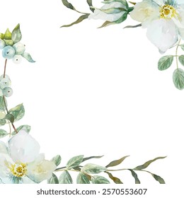 Floral corner frame with green leaves, watercolor. Hand drawn vector illustration isolated on white. For cards, wedding invitations, labels, covers.