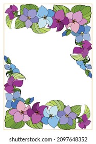 Floral corner frame made of forest violet flowers. Vintage background template, copy space for festive gift label design, invitation, greeting, postcard, announcement, scrapbook. 