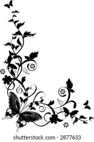 floral corner with leaves and butterflies - vector