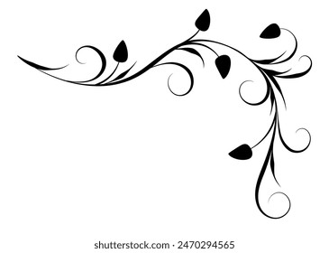 Floral corner ornament with leaves and abstract lines. Graceful element for decor and greeting or invitation card design