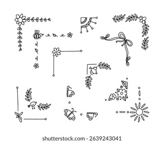 Floral corner page ornate design elements vector illustration. Elegant decoration for text dividing isolated outline set. Calligraphic borders scribble hand dawn flourish art doodles collection