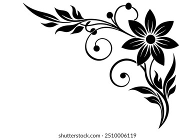 Ilustración vectorial floral en forma de esquina en blanco y negro.