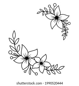 Floral corner in vector isolated on white background. Simple frame with flowers and leaves in outline style
