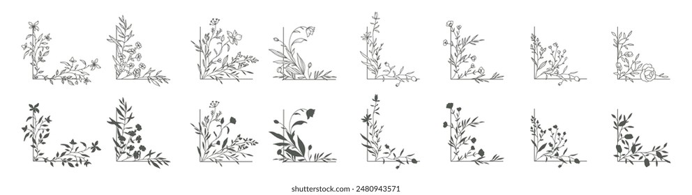 Floral corners set. Hand drawn botanical decoration with flowers, branch and herbs. Vector illustration with rustic trendy greenery in line art and silhouettes style