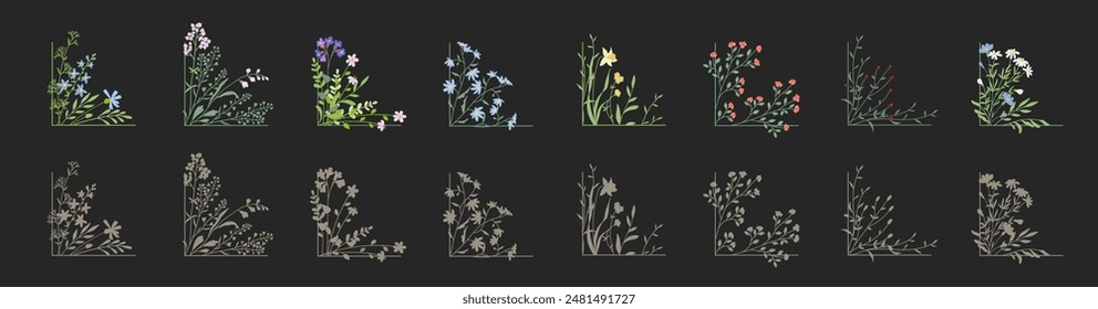 Floral corners set. Hand drawn botanical decoration with meadow flowers, branch and herbs. Vector illustration with rustic trendy greenery for frame, label, corporate identity, wedding invitation,logo