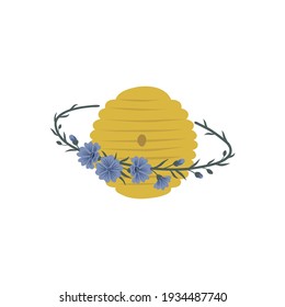 Floral cosmic beehive planet vector illustration isolated on white background. Decorative whimsical Saturn hive with bloomy rings design. Bee universe clipart.