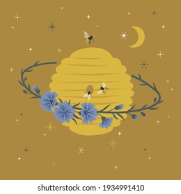 Floral cosmic beehive planet vector illustration. Decorative whimsical Saturn hive with bloomy rings and bees on starry night sky background. Boho aesthetic honeybee blooming space poster design