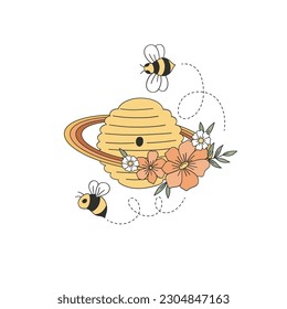 Ilustración vectorial del planeta de colmena cósmica floral. Colmena decorativa y caprichosa de Saturno con anillos y abejas floridos. Diseño de afiches espaciales de abeja de miel estética Groovy