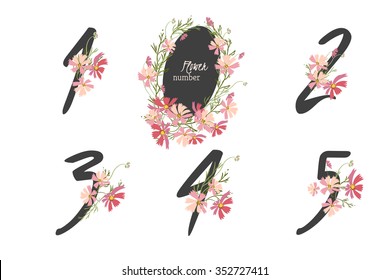 Floral  cosmos collection numbers in vintage color. One, two, three, four, five - signs vector