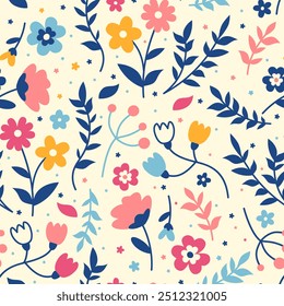 Floral cottagecore background with herbs, leaves and wildflowers. Vintage vector seamless pattern. Rural garden aesthetic. Trendy retro aesthetic background. Light limited palette seamless print