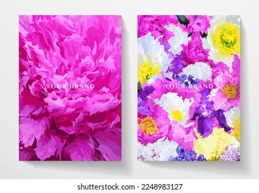 Floral cover design set with abstract peony flower on black background. Elegant vector pattern for invitation, menu, botanical poster, greeting card