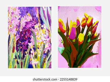 Création de couverture florale ensemble de tulipes abstraites fleur sur fond pastel. Motif vectoriel élégant pour l'invitation de mariage, menu, affiche botanique, carte de voeux