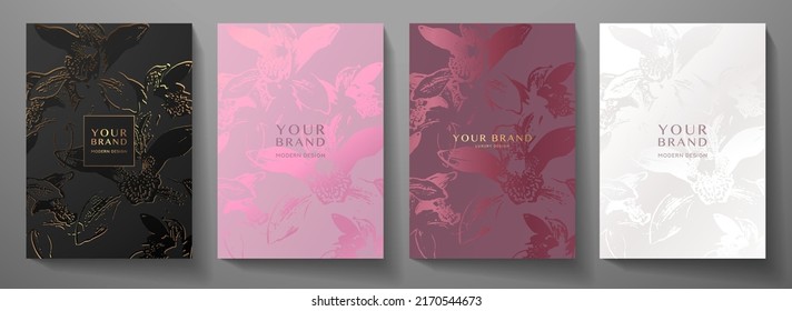 Floral cover design set with beautiful abstract orchid flower on black background. Elegant vector pattern for holiday luxury invitation, spring botanical poster, wedding invite, brochure