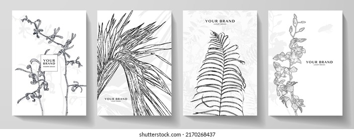 Floral cover design set with black line pattern (orchid flower and palm leaf on white background). Minimal vector background pattern for tropical menu, elite summer sale, invitation template