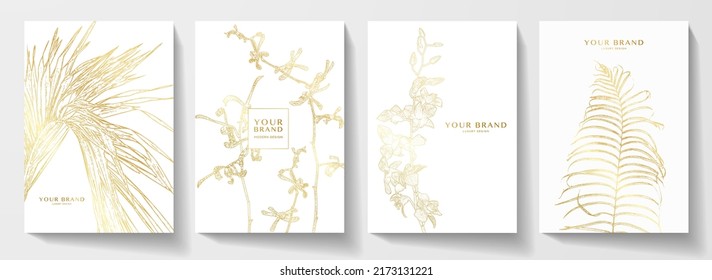 Floral cover design set with gold line pattern (orchid flower and palm leaf on white background). Vector background pattern for tropical menu, elite summer sale, invitation template, flyer