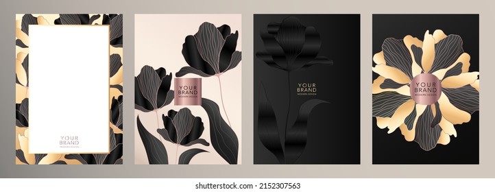 Floral Cover Design Set With Premium Flower In Black And Gold Color. Summer Elegant Vector Background Pattern For Luxury Wedding Invitation, Menu, Summer Sale, Holiday Poster, Flyer, Eco Catalog