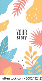 Floral cover design. Social networks posts. Multicolor abstract shapes. Palm tree branches and leaves. Doodle banner with decorative natural elements and copy space. Vector illustration